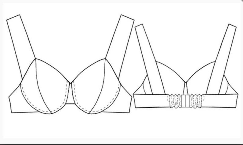 Puede incluir: Dibujo lineal de un sujetador, que muestra las vistas delantera y trasera. El sujetador tiene tirantes anchos y un dise&ntilde;o cl&aacute;sico con soporte de aros. La vista trasera muestra un cierre de corchetes.