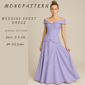 Puede incluir: Un vestido de invitada de boda lavanda con hombros descubiertos. El corpiño tiene un patrón detallado y una cintura ajustada, que fluye hacia una falda amplia. La imagen incluye el texto "MONOPATTERN WEDDING GUEST DRESS SEWING PATTERN Tallas: S a 3XL A4 US Letter."