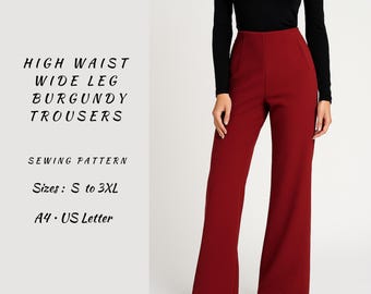 Burgundy Wide Leg Pants Sewing Pattern: Plus Size (PDF Pattern A4/Letter Sizes S-3XL)