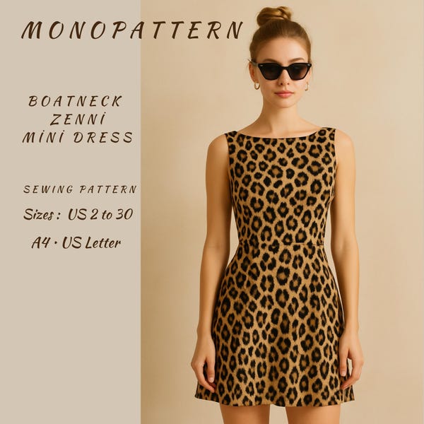 A-Line Mini Dress Sewing Pattern: Boat Neck Bodice (US2-US30) (Digital Download)