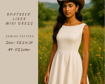 Boat Neck Mini Dress Sewing Pattern, Aline Bodice (US2-30) (PDF)