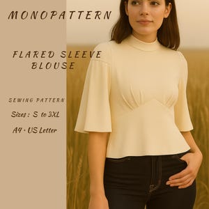 Patrón de costura de blusa peplum en PDF: Top con mangas acampanadas para mujer, tallas S a 3XL, imprimible en tamaño A4/Carta