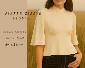 Peplum Blouse Sewing Pattern: Flared Sleeve Top (PDF Pattern, Sizes S-3XL A4/Letter)