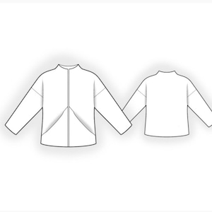 May include: A white jacket with a high collar and long sleeves, shown from the front and back. The front view features a full-length zipper and two front pockets. The jacket's design is simple and modern, suitable for various styles.