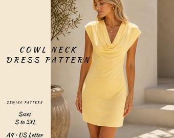 Cowl / Fall Neck Knit Dress Sewing Pattern PDF, Draped Neck Mini Dress, Summer Knit Dress Pattern, A4 US Letter, S-3XL, Digital Download