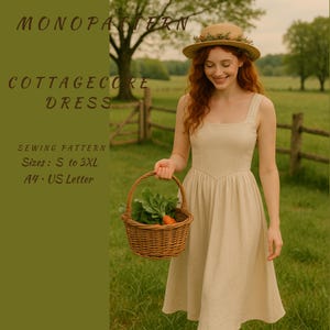 Linen Square neck Fairy Cottagecore Dress Pattern, Midi Circle Dress, Ladies Sizes S to 3XL