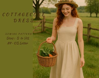 Linen Square Neck Cottagecore Dress Sewing Pattern, S-3XL (PDF Pattern)