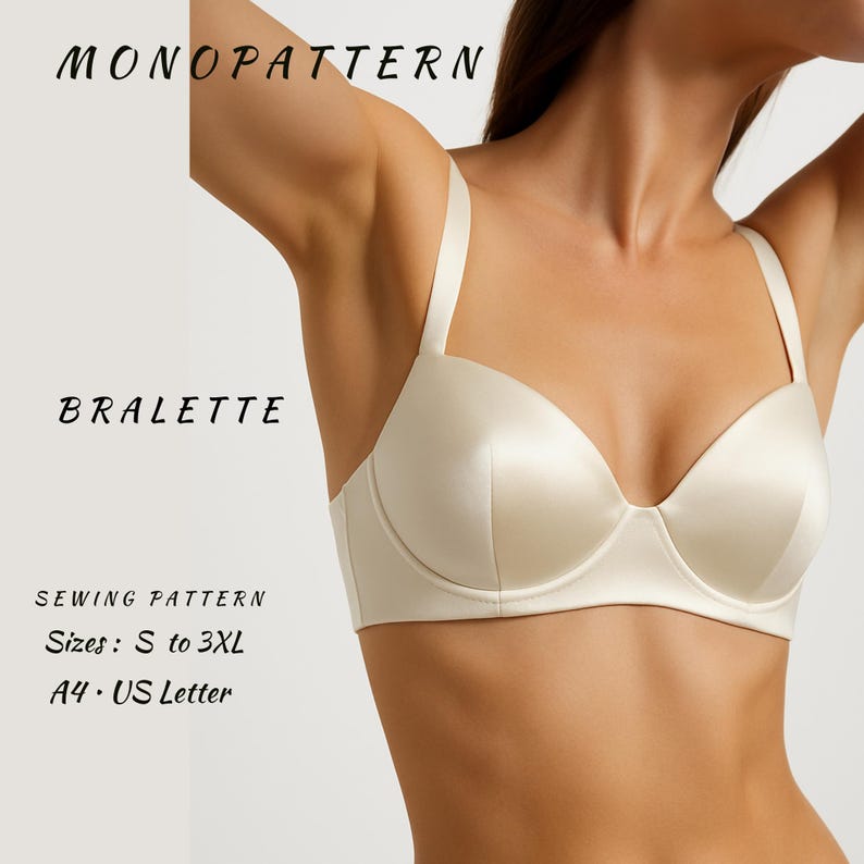Puede incluir: Bralette color marfil con tirantes ajustables. La imagen incluye el texto "MONOPATTERN" y "BRALETTE". El patr&oacute;n de costura est&aacute; disponible en tallas S a 3XL, A4 US Letter.