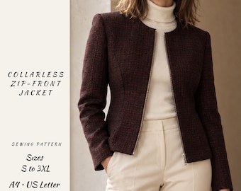 Collarless Jacket Sewing Pattern PDF | Women’s Zip Front Lined Jacket | Sizes S–3XL | A4 & US Letter | Digital Download