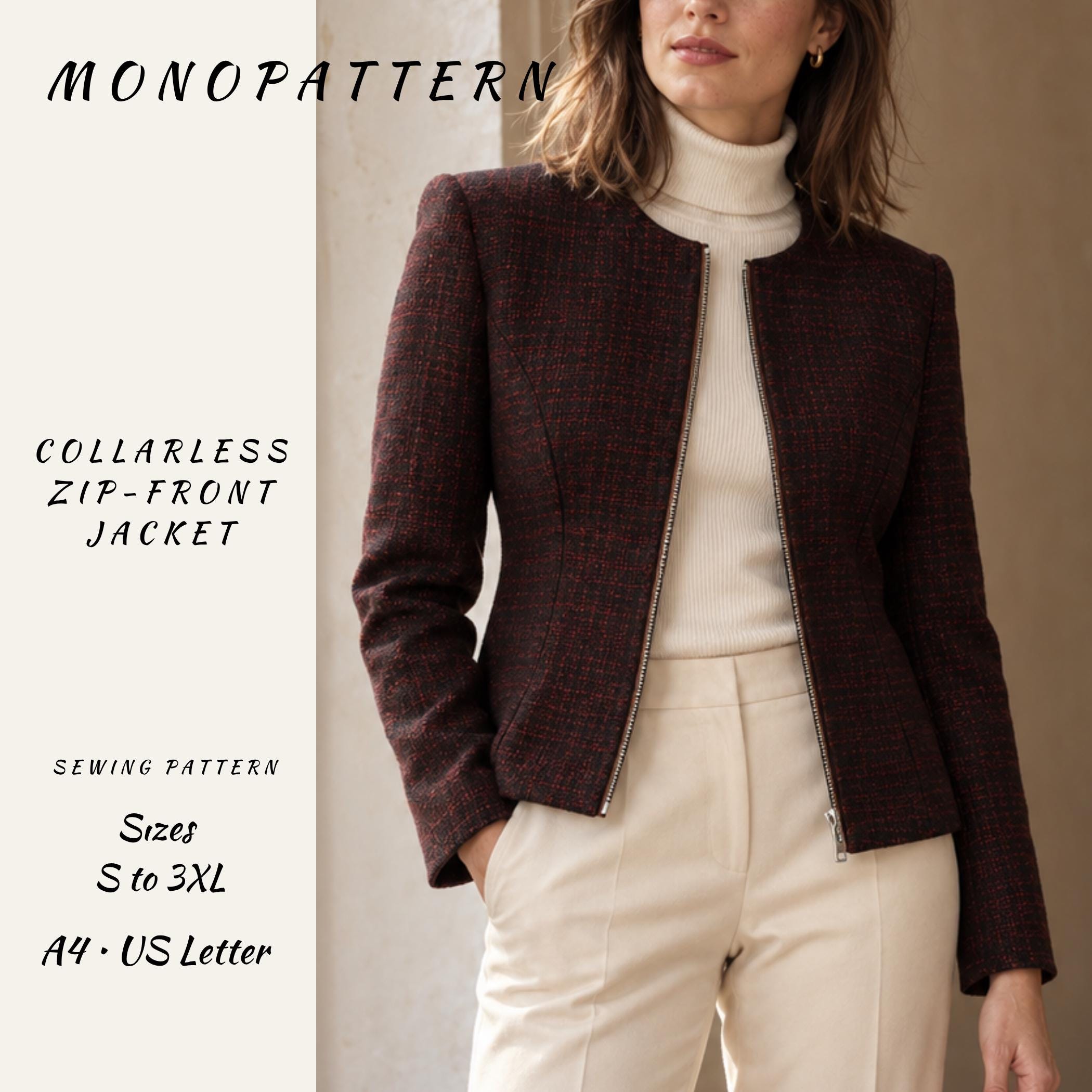 Collarless Jacket Sewing Pattern PDF | Women’s Zip Front Lined Jacket
