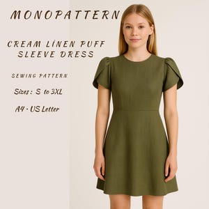 Vestido de lino color crema con mangas abullonadas – Minivestido de verano estilo cottagecore – Estilo campestre francés – Cremallera en la espalda. Tallas de mujer: S a 3XL / Tamaños de papel: Carta-A4.