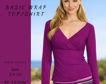 Wrap Top Sewing Pattern PDF, Long Sleeve V-Neck, Sizes S-3XL