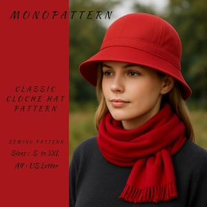 Könnte beinhalten: Eine Frau trägt einen roten Glockenhut und einen Schal. Der Hut hat eine runde Krone und einen kleinen Rand. Der Schal ist um den Hals gewickelt und hat Fransenenden. Das Bild enthält Text mit der Aufschrift "MONOPATTERN" und "CLASSIC CLOCHE HAT PATTERN".