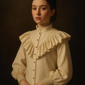 May include: A portrait of a person wearing a cream-colored blouse with a high ruffled collar and long sleeves. The blouse has black buttons down the front and is paired with a dark red skirt. The background is a dark brown.