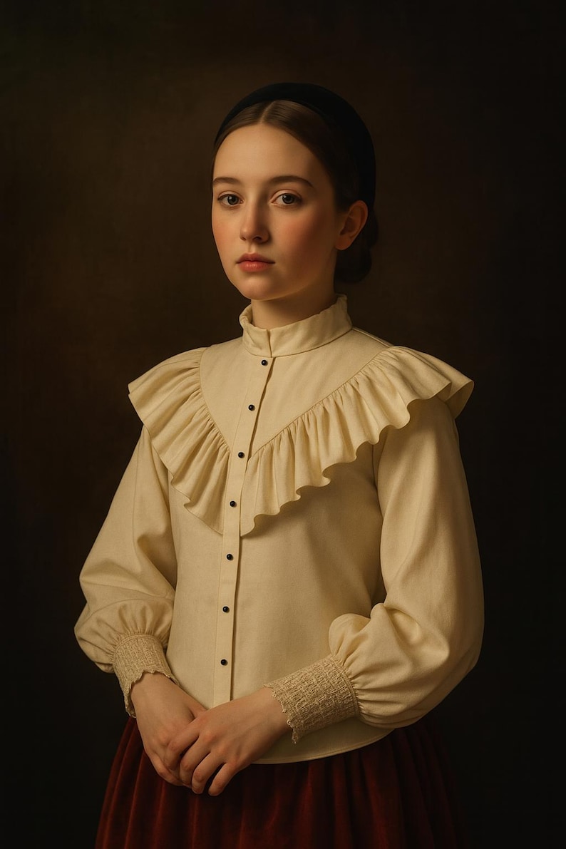 May include: A portrait of a person wearing a cream-colored blouse with a high ruffled collar and long sleeves. The blouse has black buttons down the front and is paired with a dark red skirt. The background is a dark brown.