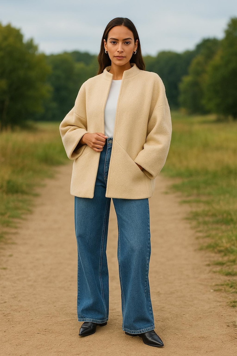 May include: A woman wearing a beige jacket with a mandarin collar, a white top, and blue jeans. The jacket has large pockets and a relaxed fit. The background is a path through a field with trees.