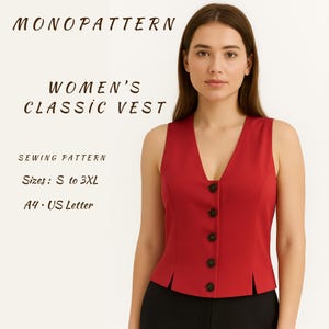 Fitted Vest Sewing Pattern: Women's 5-Button Waistcoat (A4/Letter PDF Download, S-3XL Sizes