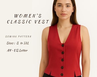May include: A red classic vest with a V-neck and four dark buttons. The image includes text that reads "MONOPATTERN", "WOMEN'S CLASSIC VEST", "SEWING PATTERN", "Sizes: S to 3XL", and "A4 • US Letter".