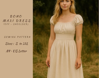 Boho Off Shoulder Maxi Dress Sewing Pattern – Cottagecore Puff Sleeves (PDF)