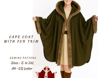Fur Trim Cape Coat Sewing Pattern | Hooded Cloak, S-3XL (PDF Pattern)