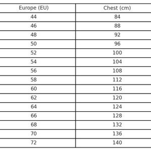 May include: A size chart with measurements in centimeters for chest, waist, and hips, alongside corresponding US, international, and European sizes. The chart includes sizes from XS to 4XL+.