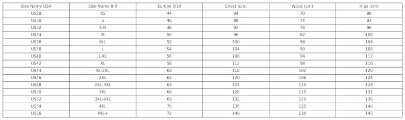 May include: A size chart with measurements in centimeters for chest, waist, and hips, alongside corresponding US, international, and European sizes. The chart includes sizes from XS to 4XL+.