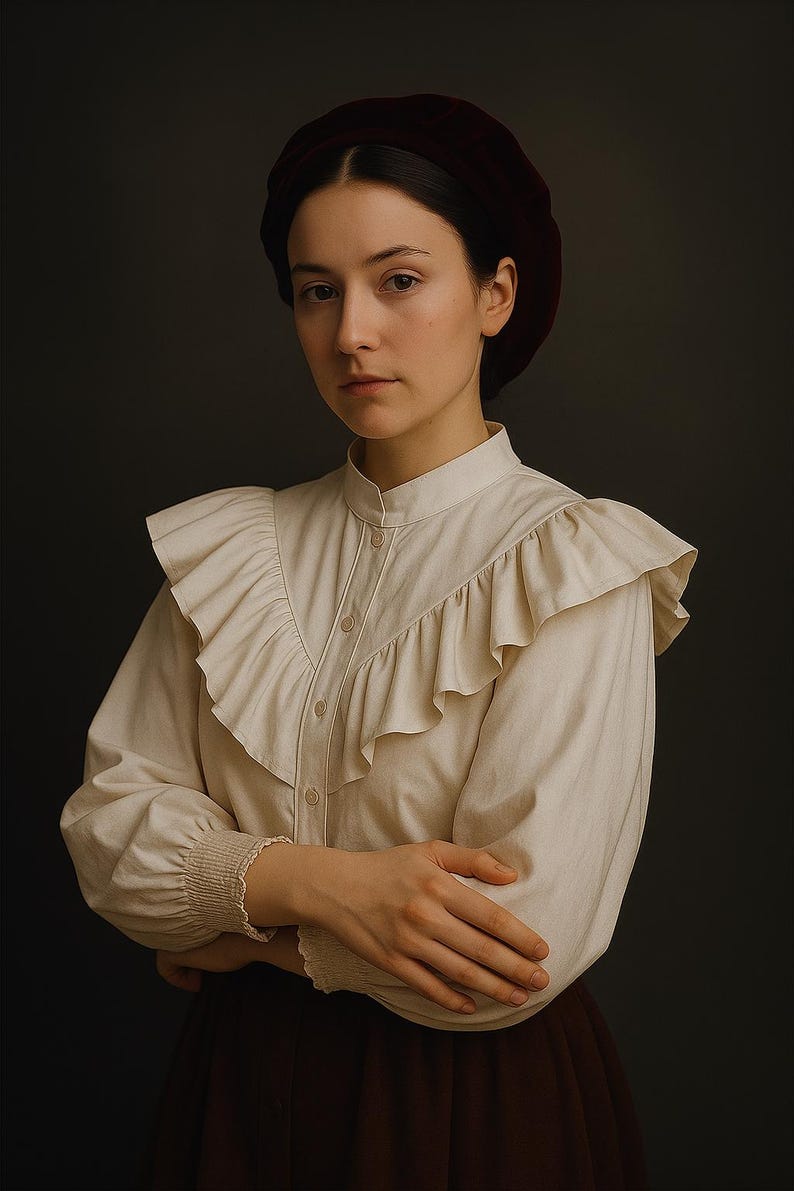 May include: A woman wearing a cream-colored blouse with ruffled detailing and a burgundy beret. The blouse has long sleeves with a gathered cuff. The woman is looking directly at the camera.