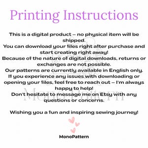Puede incluir: Un fondo blanco con el texto "Printing Instructions" en morado. El texto explica que es un producto digital y que los patrones est&aacute;n disponibles solo en ingl&eacute;s. La imagen tambi&eacute;n incluye el logotipo de MonoPattern.