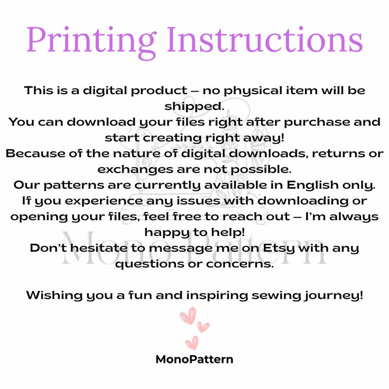 Puede incluir: Un fondo blanco con el texto "Printing Instructions" en morado. El texto explica que es un producto digital y que los patrones est&aacute;n disponibles solo en ingl&eacute;s. La imagen tambi&eacute;n incluye el logotipo de MonoPattern.
