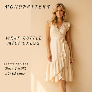 Puede incluir: Un vestido midi envolvente color crema con detalles de volantes. El vestido tiene un escote en V, una cintura con lazo y un dobladillo con volantes. La imagen también incluye el texto "MONOPATTERN" y "WRAP RUFFLE MIDI DRESS". Las tallas del patrón de costura van de S a 3XL.