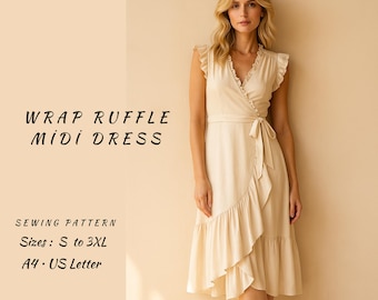 Wrap Ruffle Midi Dress Sewing Pattern: Ladies Sizes S-3XL (PDF)