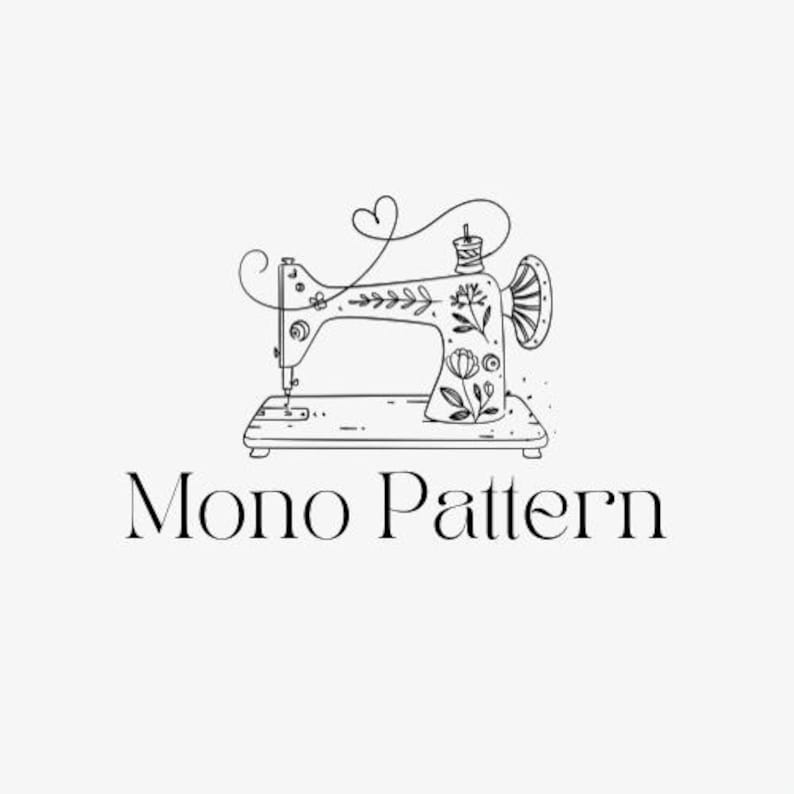 May include: A black and white line drawing of a vintage sewing machine with floral details and a heart-shaped thread design. The text "Mono Pattern" is below the sewing machine.