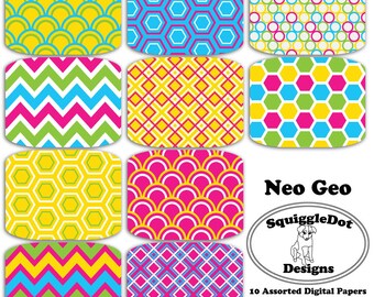 Digital Paper Printable for Cards, Crafts, Art and Scrapbooking Set of 10 - Neo Geo - Instant Download