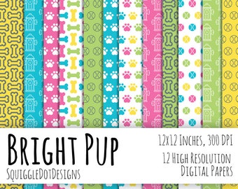 Papel imprimible digital con temática de perro para tarjetas, artesanías, arte y scrapbooking conjunto de 12 - cachorro brillante - Descarga instantánea