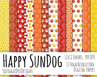 Dog Themed Digital Printable Paper for Cards, Crafts, Art and Scrapbooking Set of 12 - Happy SunDog - Instant Download