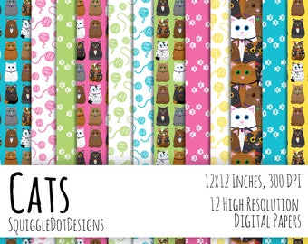 Digital Paper for Cards, Crafts, and Scrapbooking Printable Set of 12 - Cat - Instant Download