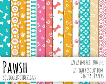 Dog Themed Digital Printable Paper for Cards, Crafts, Art and Scrapbooking Set of 12 - Pawsh - Instant Download