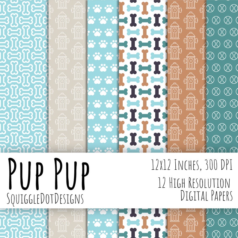 Dog Themed Digital Printable Paper for Cards, Crafts, Art and Scrapbooking Set of 12 Pup Pup Instant Download image 2