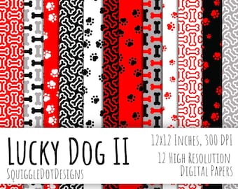 Digital Printable Paper for Cards, Crafts, Art and Scrapbooking Set of 12 - Lucky Dog II - Instant Download