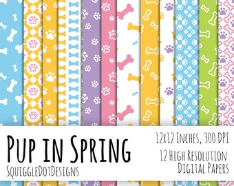 Hund Themen Digitaldruck Papier für Karten, Kunsthandwerk, Kunst und Scrapbooking Set von 12 - Welpe im Frühling - Instant Download