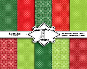 Digital Christmas Scrapbook Paper Designed for Cards, Small Crafts, Art and Mini Albums Set of 10 - Lucy Elf Cardsies - Instant Download