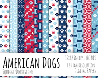 Digital 4th of July Printable Paper for Cards, Crafts, and Scrapbooking Set of 12 - American Dogs - Instant Download in Red, White, and Blue