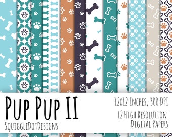 May include: Twelve digital papers featuring dog bone and paw print patterns in teal, brown, gray, and white. The papers are 12x12 inches and 300 DPI.