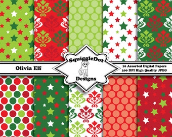 Digital Printable Christmas Paper Paper for Cards, Crafts, Art and Scrapbooking Set of 10 - Olivia Elf - Instant Download