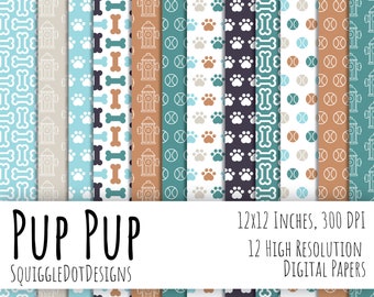 Dog Themed Digital Printable Paper for Cards, Crafts, Art and Scrapbooking Set of 12 - Pup Pup - Instant Download