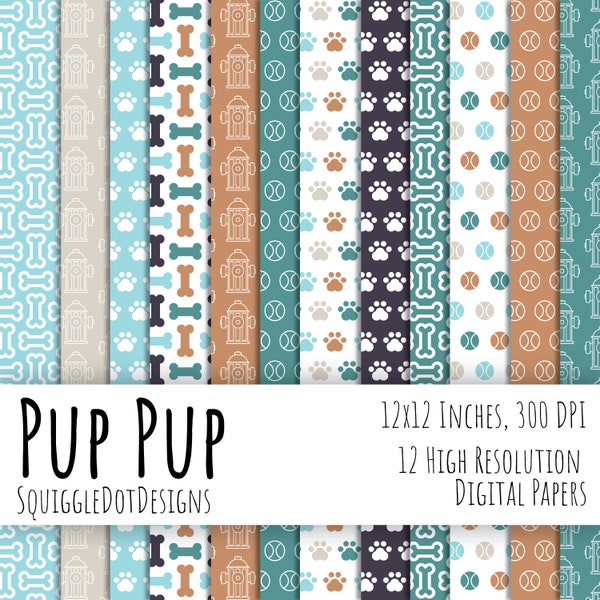 Dog Themed Digital Printable Paper for Cards, Crafts, Art and Scrapbooking Set of 12 - Pup Pup - Instant Download