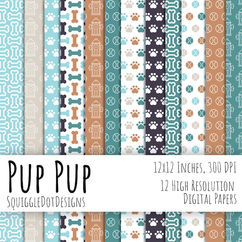 Dog Themed Digital Printable Paper for Cards, Crafts, Art and Scrapbooking Set of 12 Pup Pup Instant Download image 1