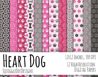 Dog Themed Digital Printable Paper for Cards, Crafts, Art and Scrapbooking Set of 12 - Heart Dog - Instant Download