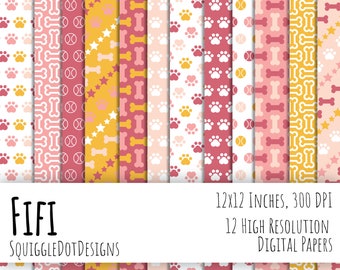 Dog Themant Digital Printable Paper for Cards, Crafts, Art and Scrapbooking Set of 12-Fifi-Instant Download
