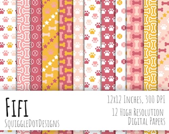 May include: Twelve digital papers featuring dog-themed patterns in pink, yellow, and white. The patterns include paw prints, bones, tennis balls, and stars. The papers are 12x12 inches and 300 DPI.